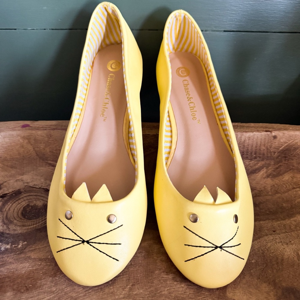 Kawaii Yellow Cat Face Ballet Flats Harajuku Cute Shoes NWOT 8